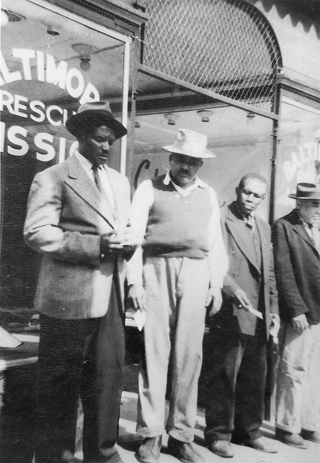A group of men outside the Baltimore Rescue Mission, circa 1956